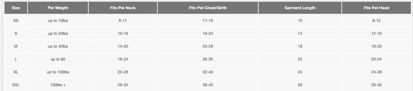 Pet Pajamas Size Chart